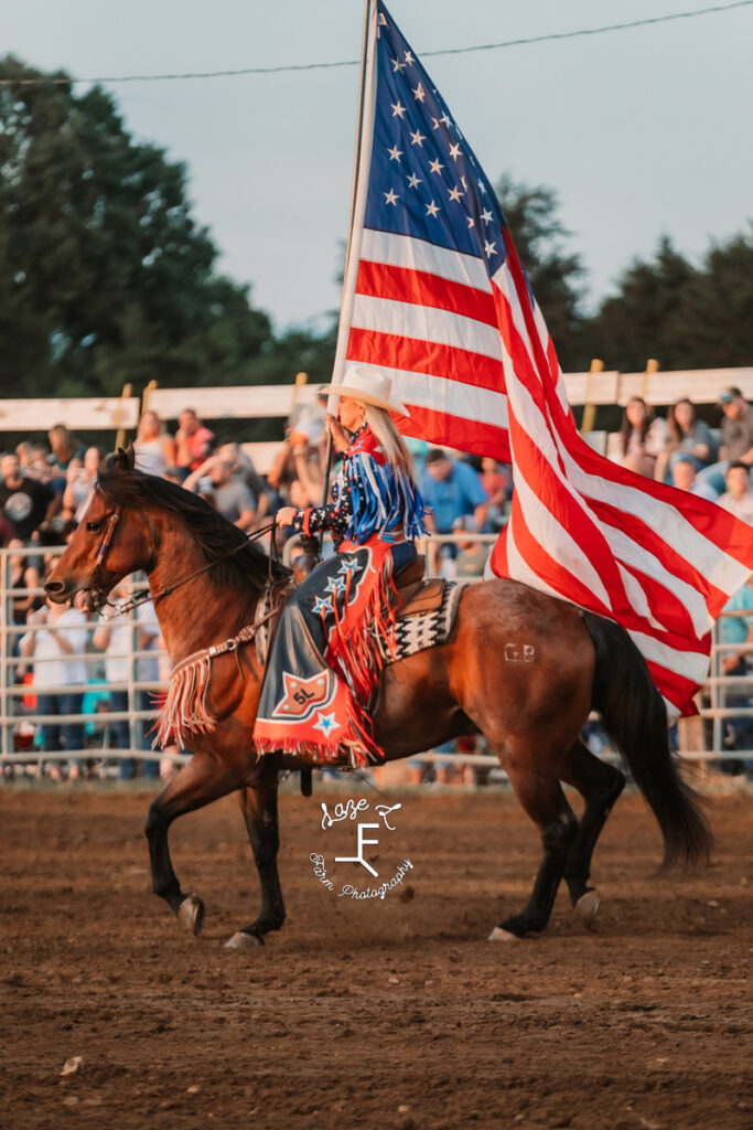 American flag carried by bay horse