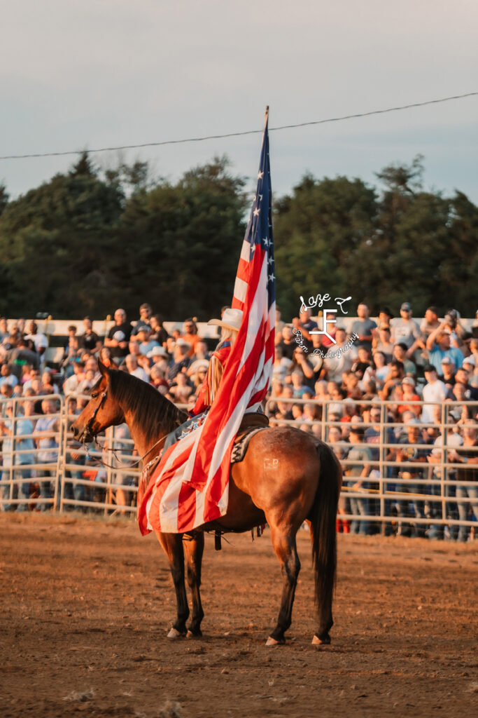 American flag carried by bay horse in the middle of arena