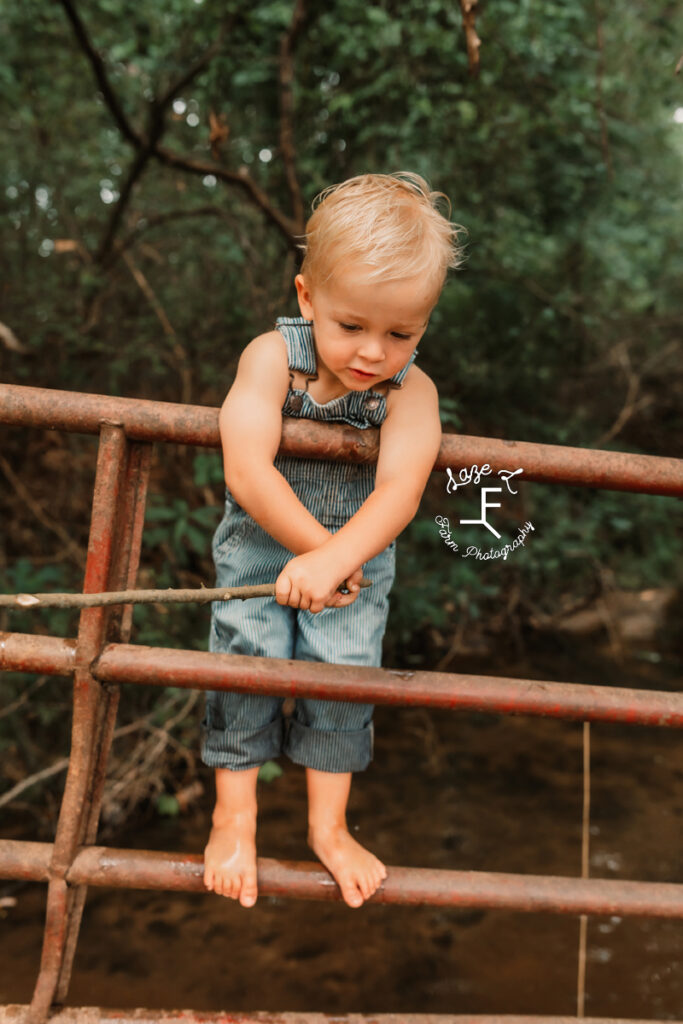 little brother standing on gate fishing