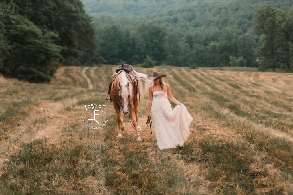 cowgirl in white dress with palomino
