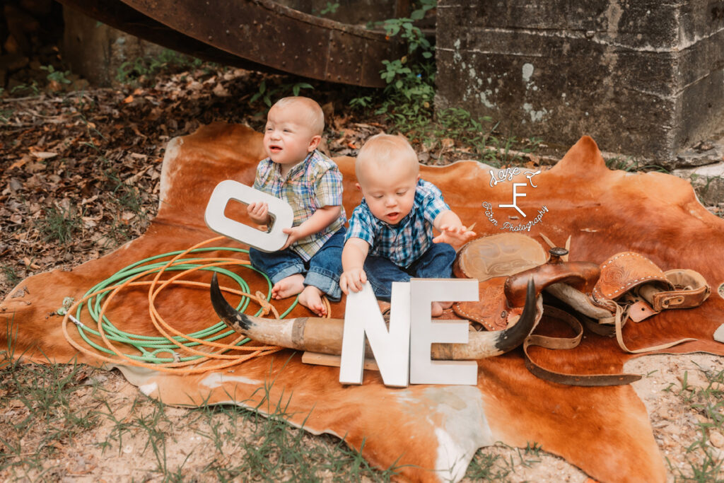 twin boys taking apart the one sign