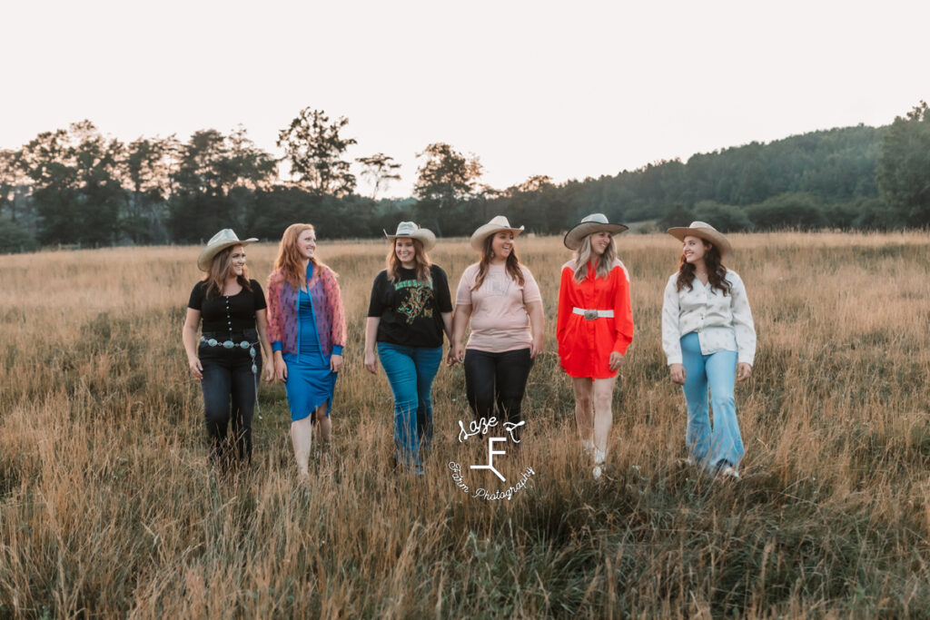 group walking through field