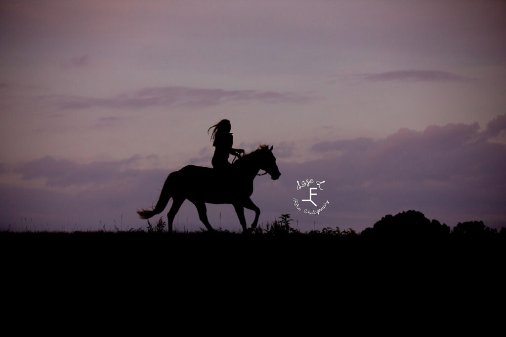 cowgirl sillhoutte at sunset loping