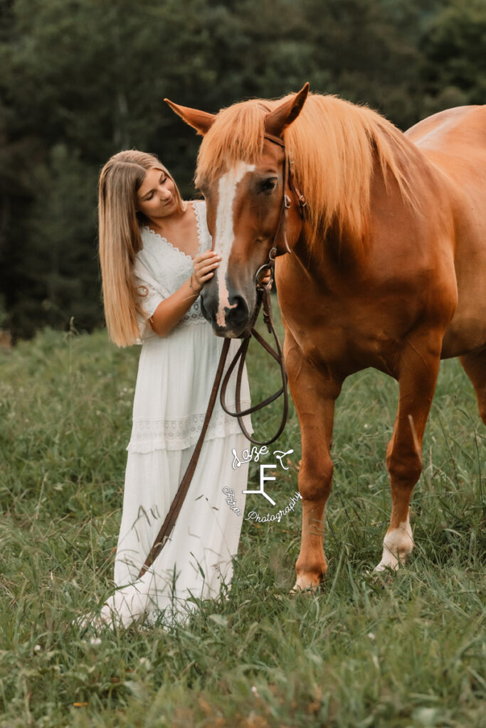 girl in a white dress with horse