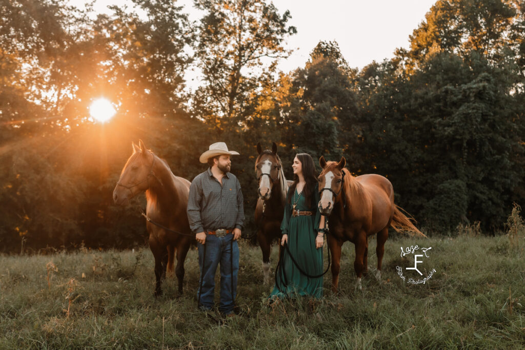 cowboy and fiancé with their 3 horses