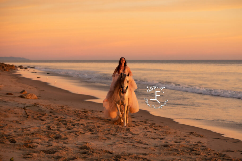 model riding white horse down shoreline at sunset