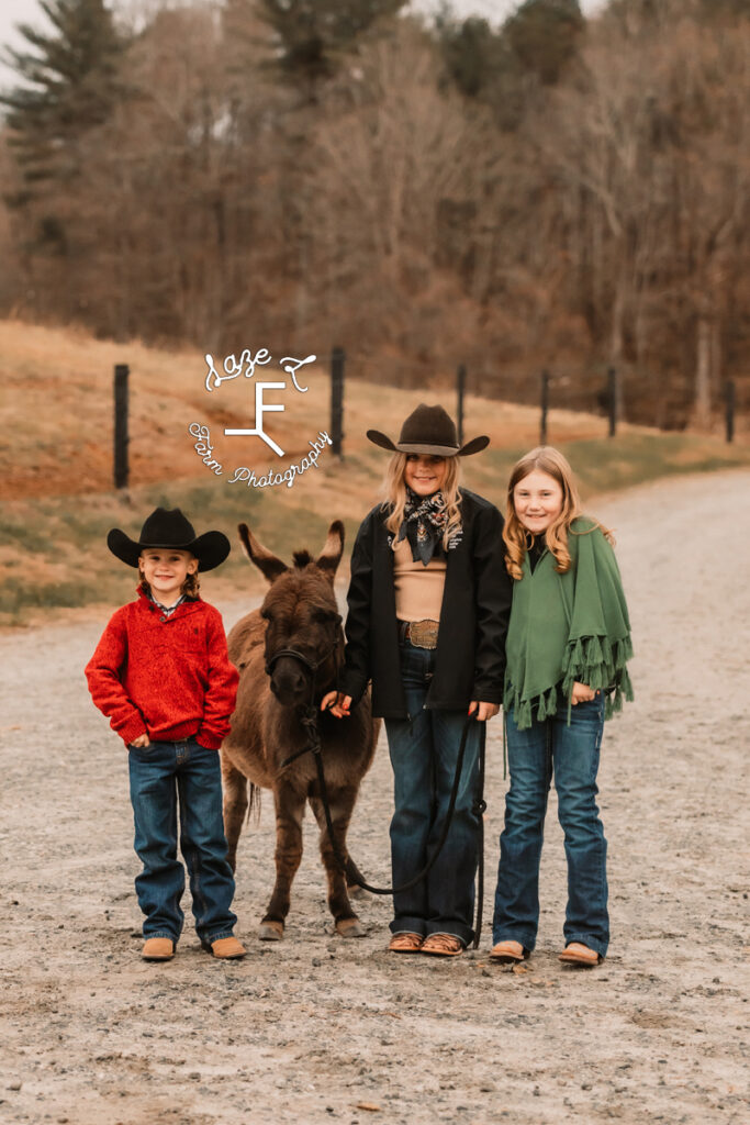 3 kids and a donkey on a dirt road