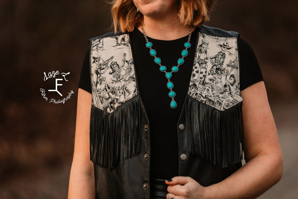 close up of black skull vest