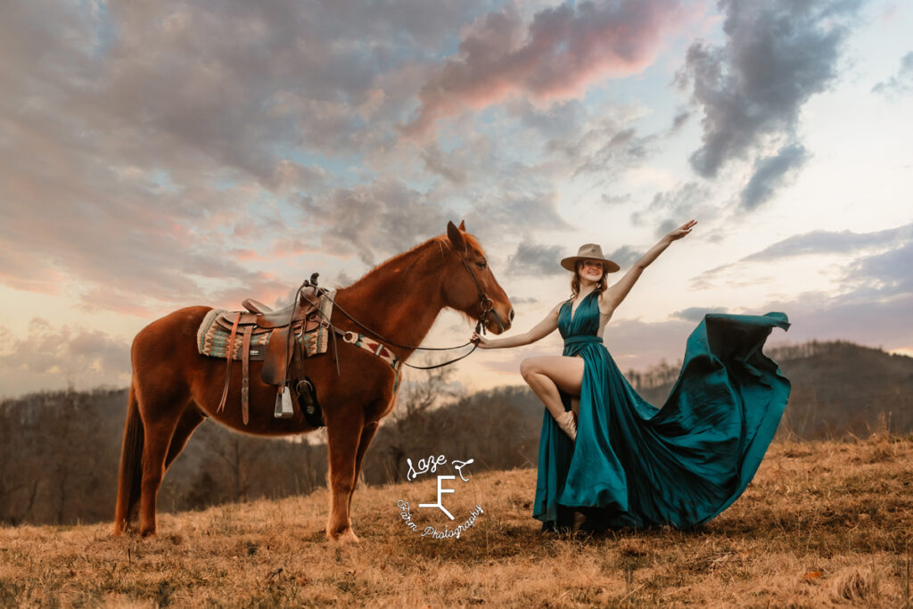 Amelia dancing at sunset in turquoise dress with Gus