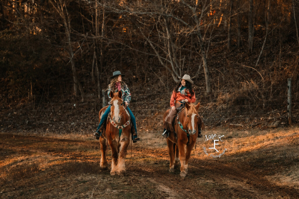 2 models riding Gus and Dolly