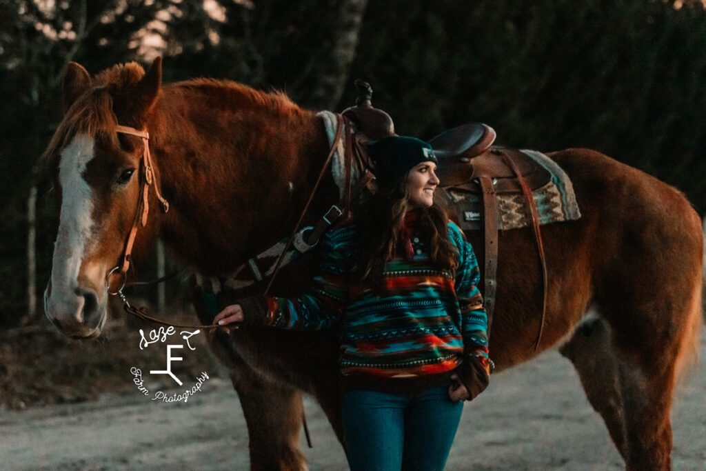 Model standing with Dolly on dirt road