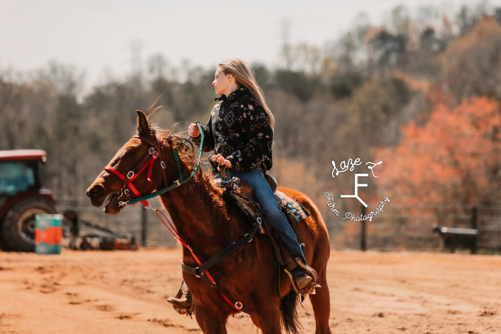 blonde rider on bay horse