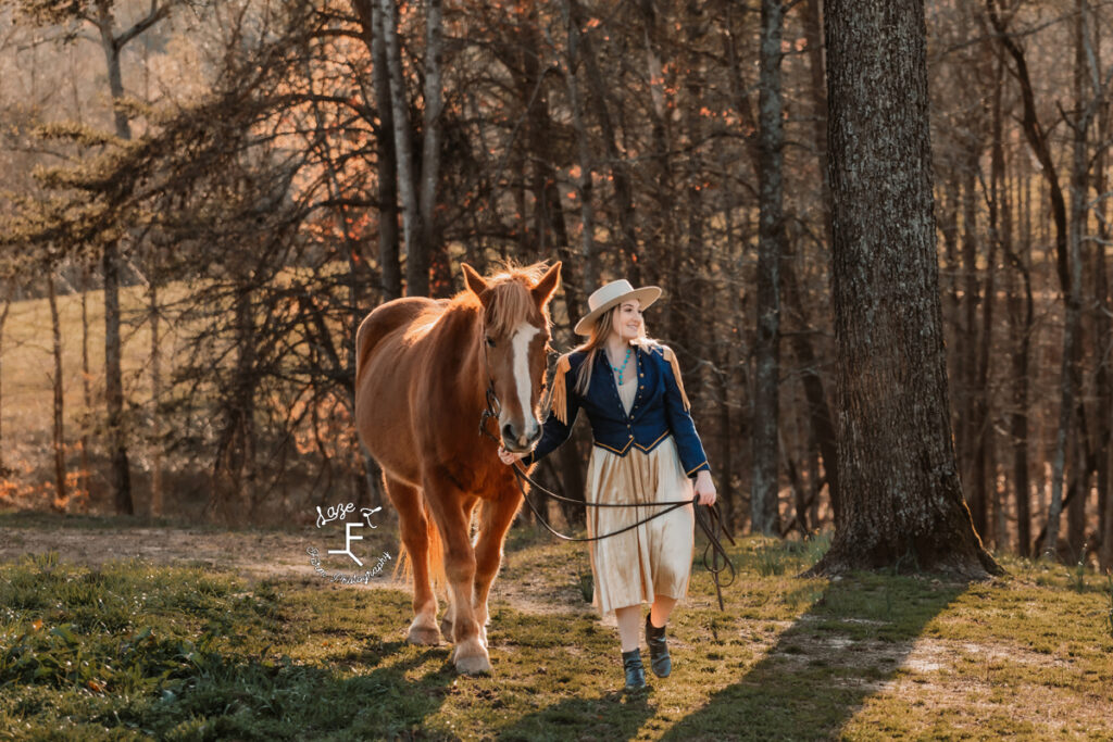 Calista walking with Gus in Gold skirt 