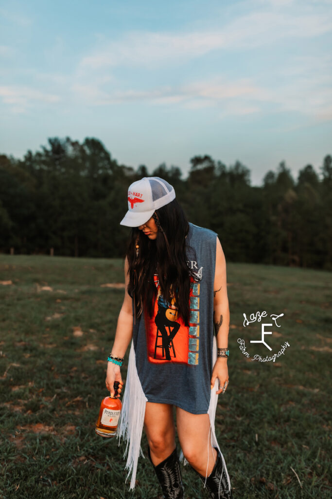 Halle in trucker hat with fringe t-shirt dress