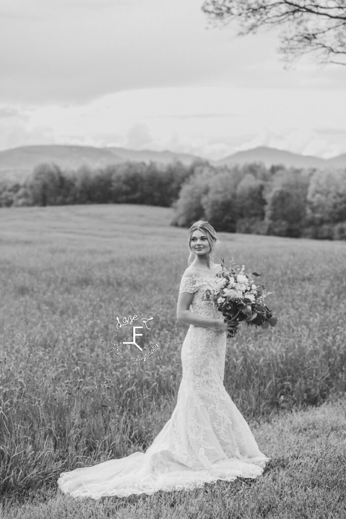 Peyton in wedding dress in black and white