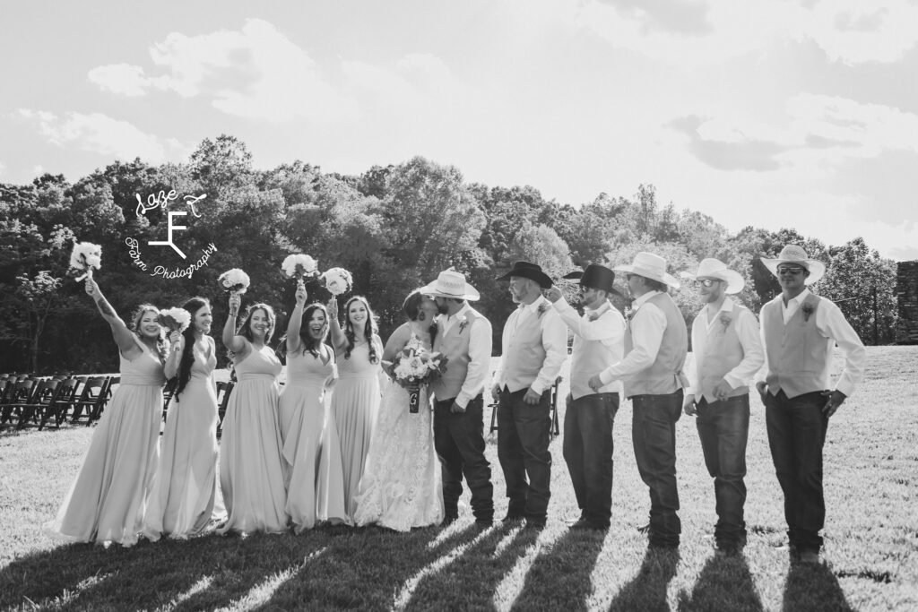 entire bridal party in black and white