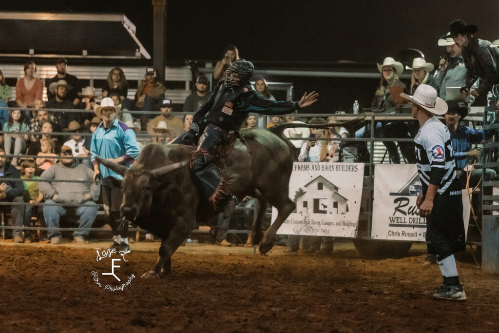 bull riding on dark grey bull