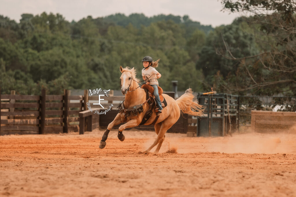 palomino horse and cowgirl running barrels