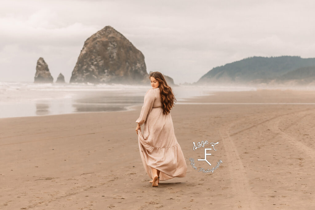 Savannah in tan dress on Canon Beach