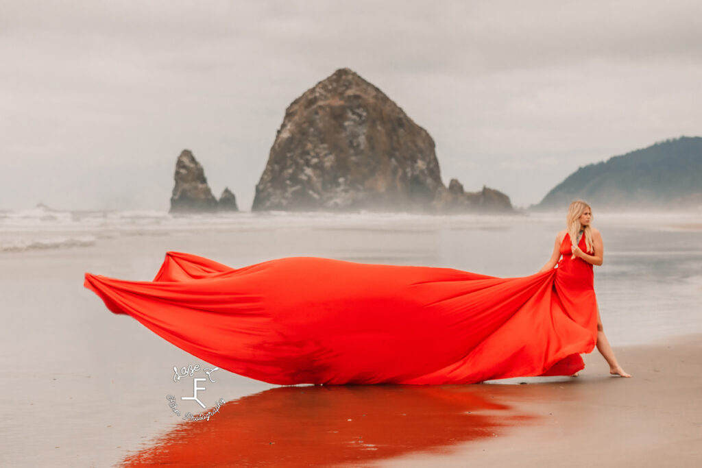 Reid standing on beach with train of dress flowing