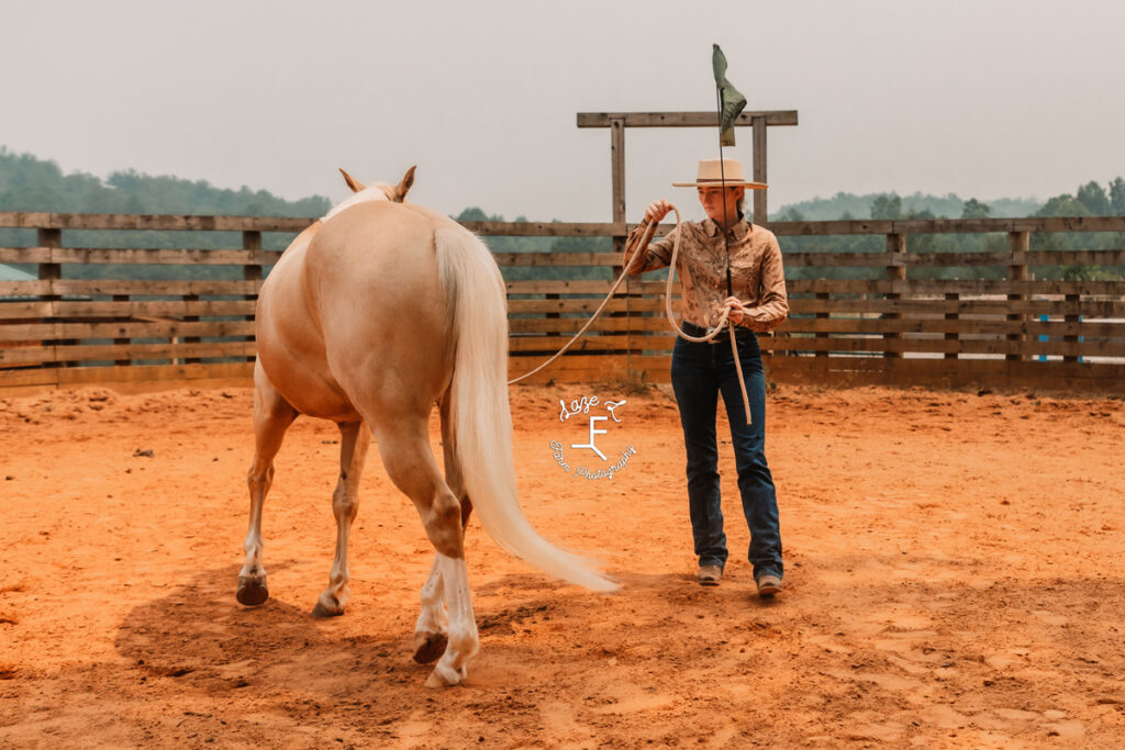 cowgirl working horse