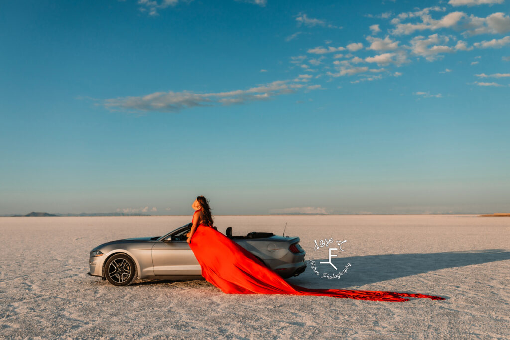 Savannah in Red parachute dress with convertible mustang