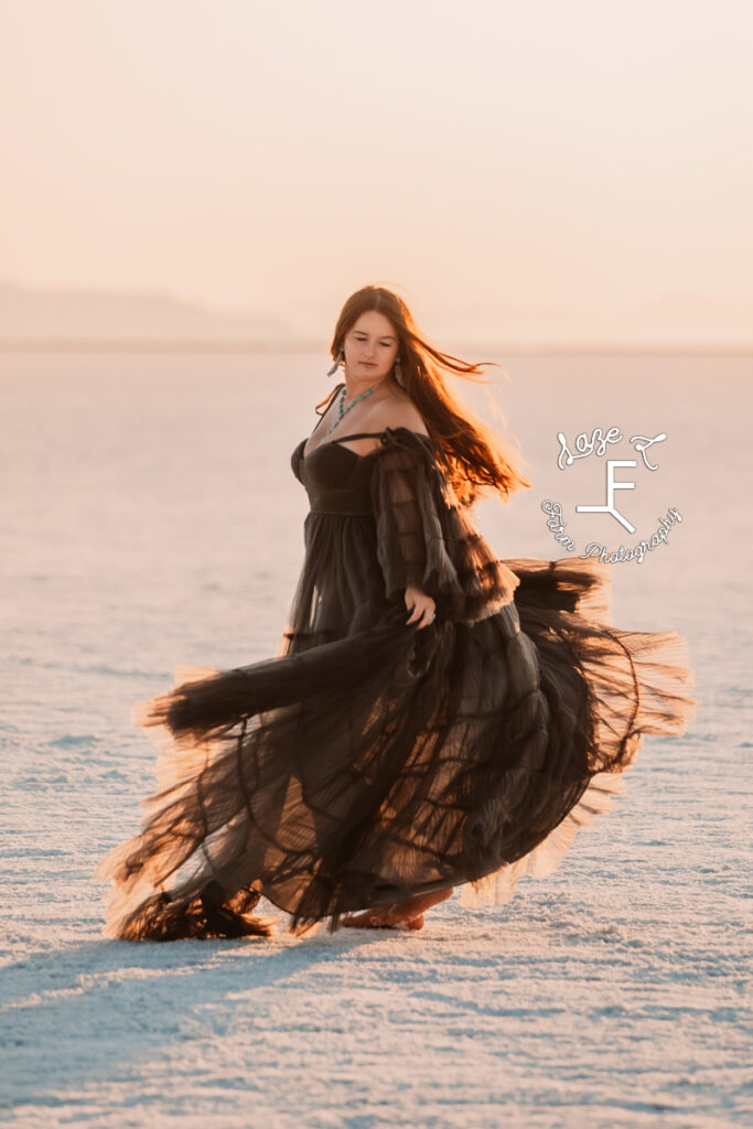 Savannah twirling in black dress