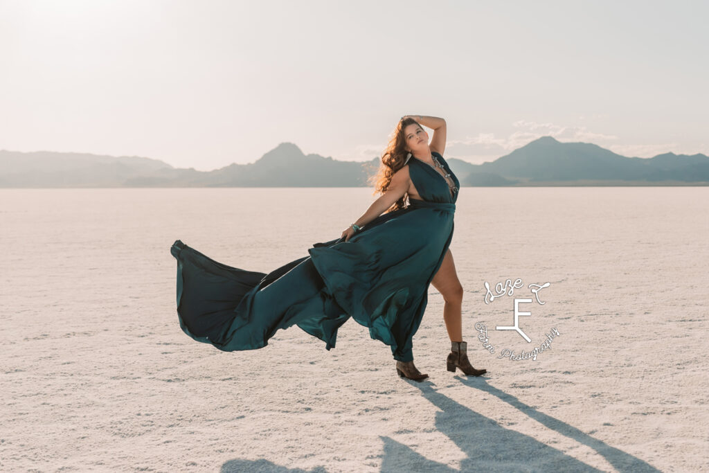 Savannah in blue dress and cowboy booties