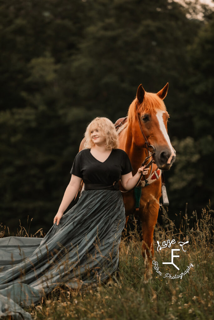 Blonde girl with Gus in black parachute skirt