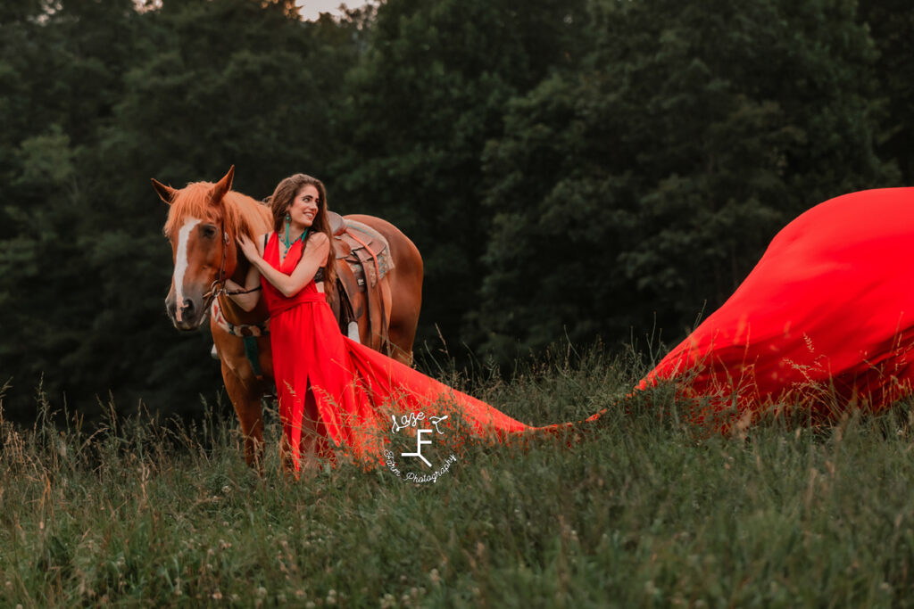 Brunette in red parachute dress with Gus