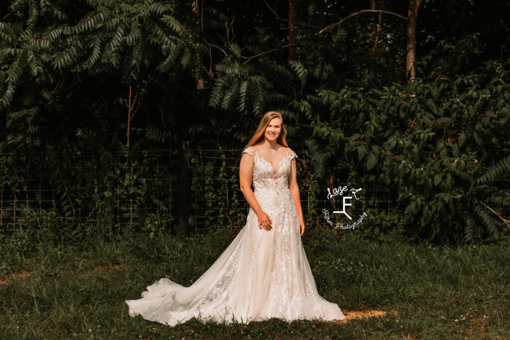 Morgan standing in wedding dress