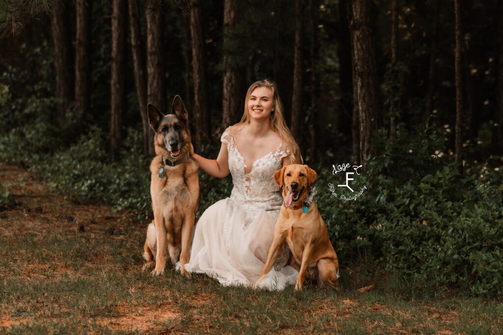 Morgan with her 2 dogs in wedding dress