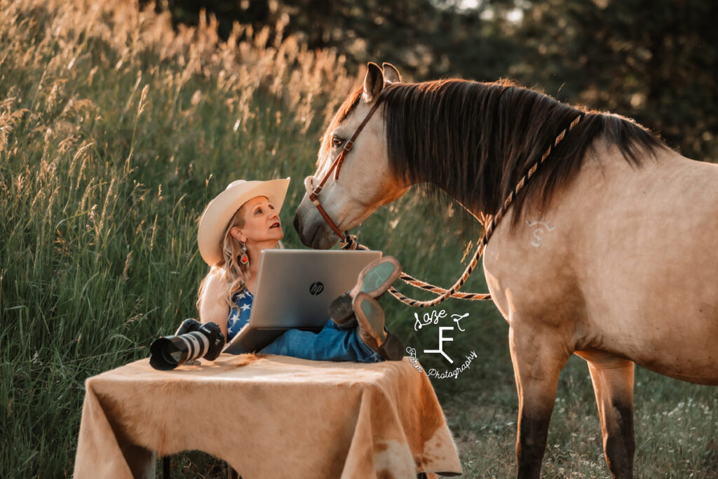 Theresa working with her horse checking on her