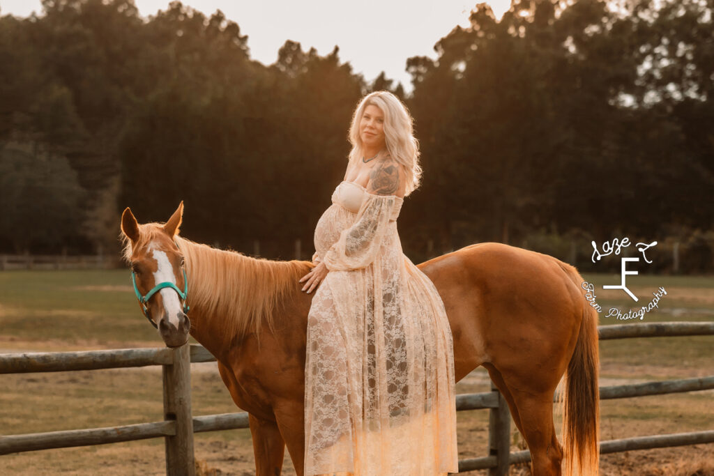 Nike on horseback in white dress