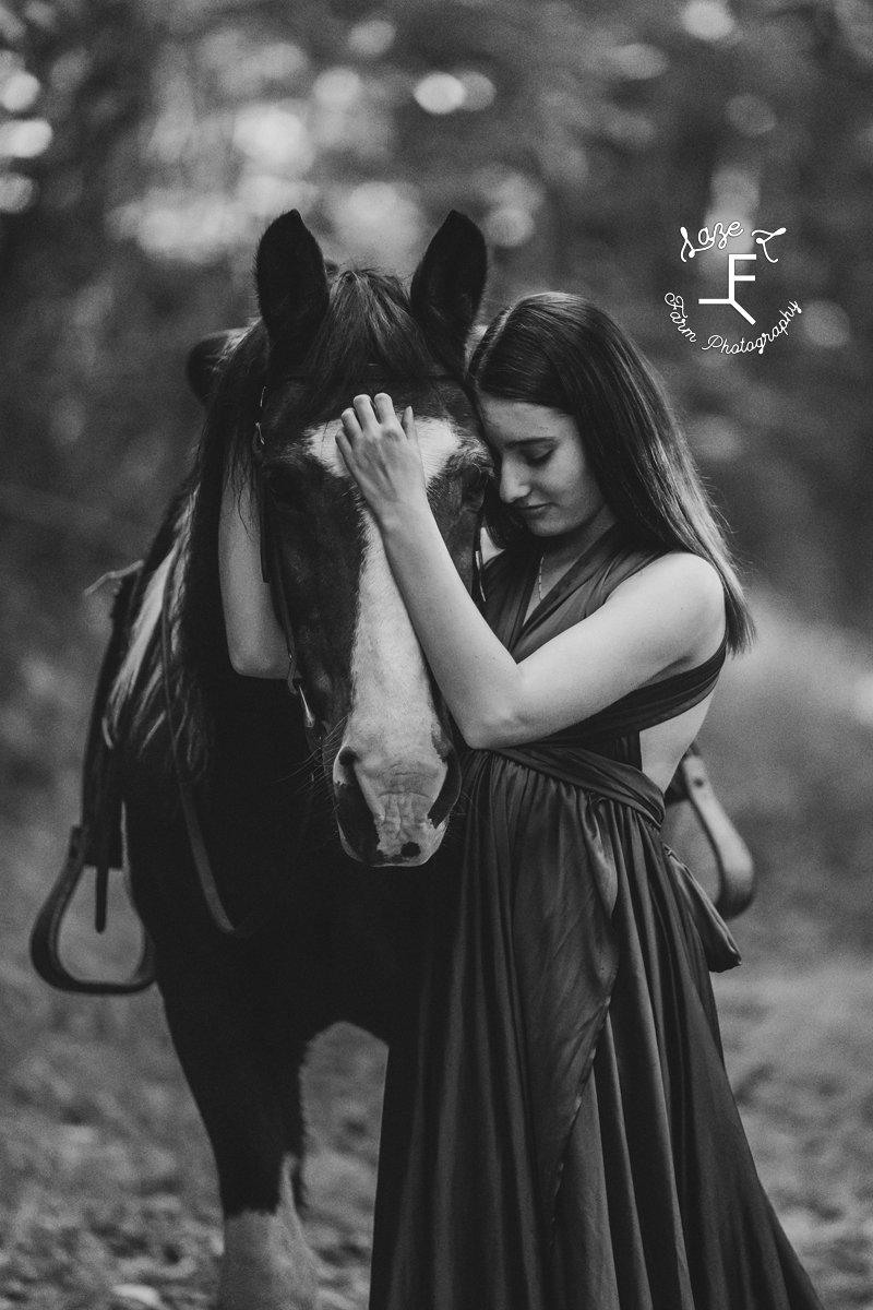 Natalie & paint pony in black and white