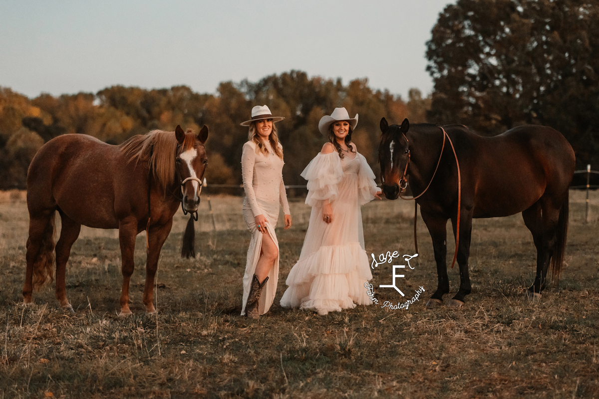 Cowgirls in transparent dresses with horses