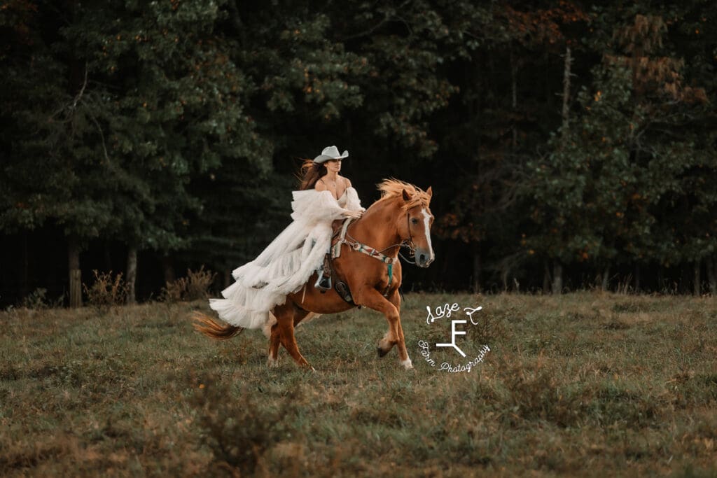 Sam riding Gus in white flowy dress