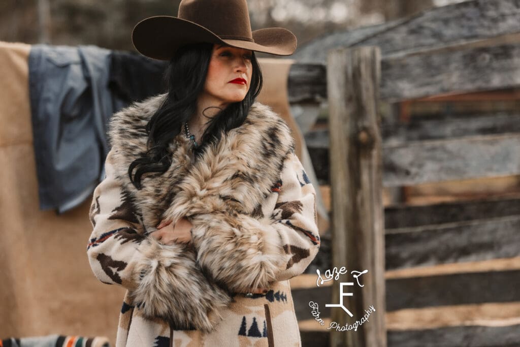 Elizabeth wearing Aztec print fur coat