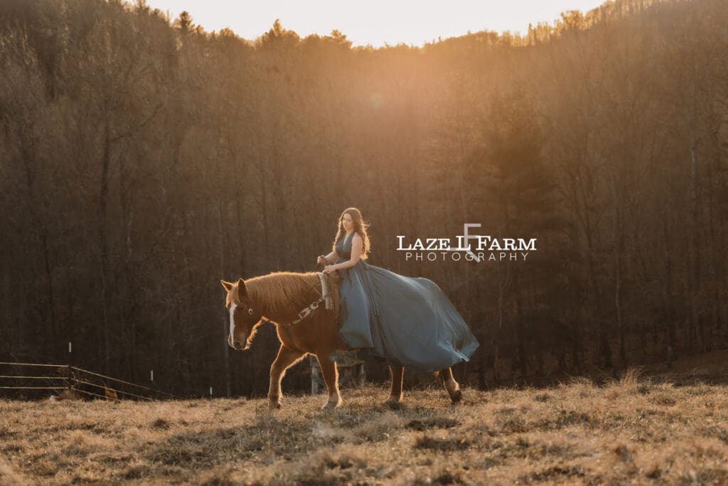cowgirl riding a horse in a parachute dress