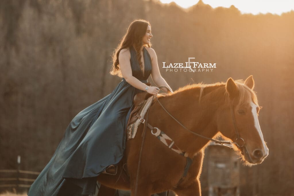 cowgirl riding a horse in a parachute dress