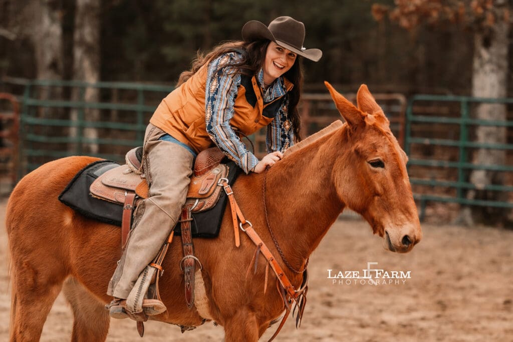 cowgirl riding her mule