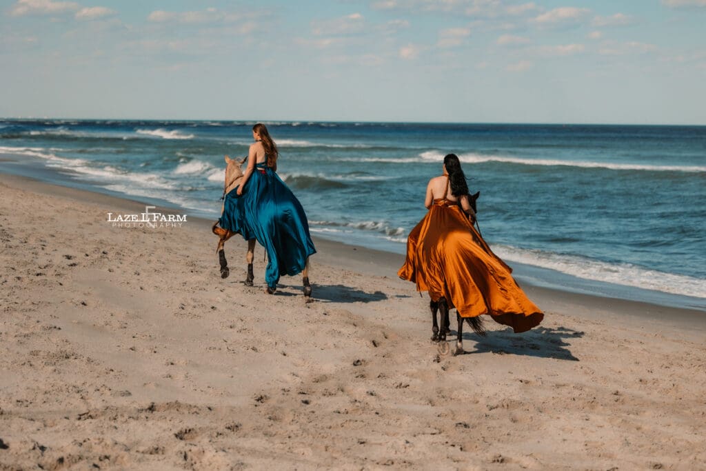 cowgirls on the beach in flying dresses