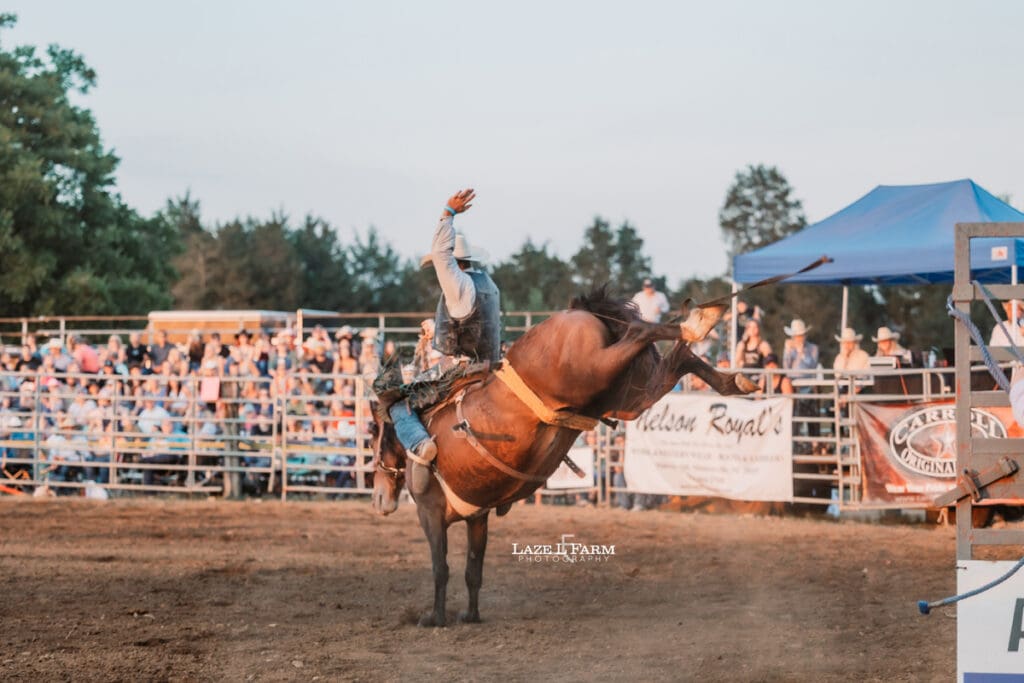 One of the cowboys doing the bronc riding at the Cleveland Rodeo with pictures by Laze L Farm Photography