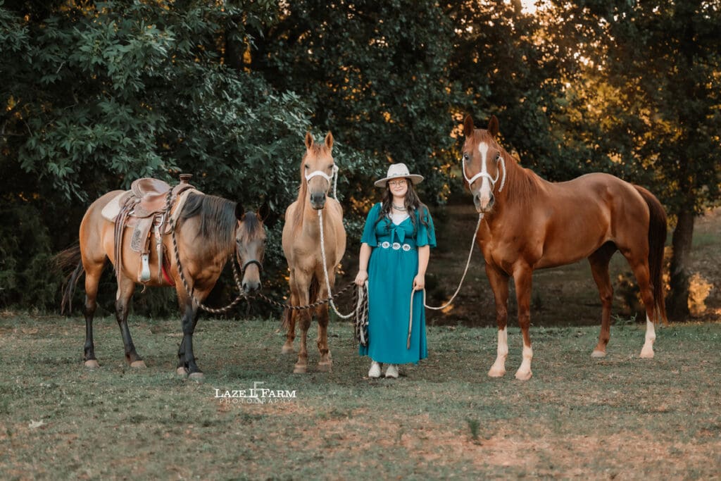 A cowgirl and her horse during an equine photoshoot with Laze L Farm Photography