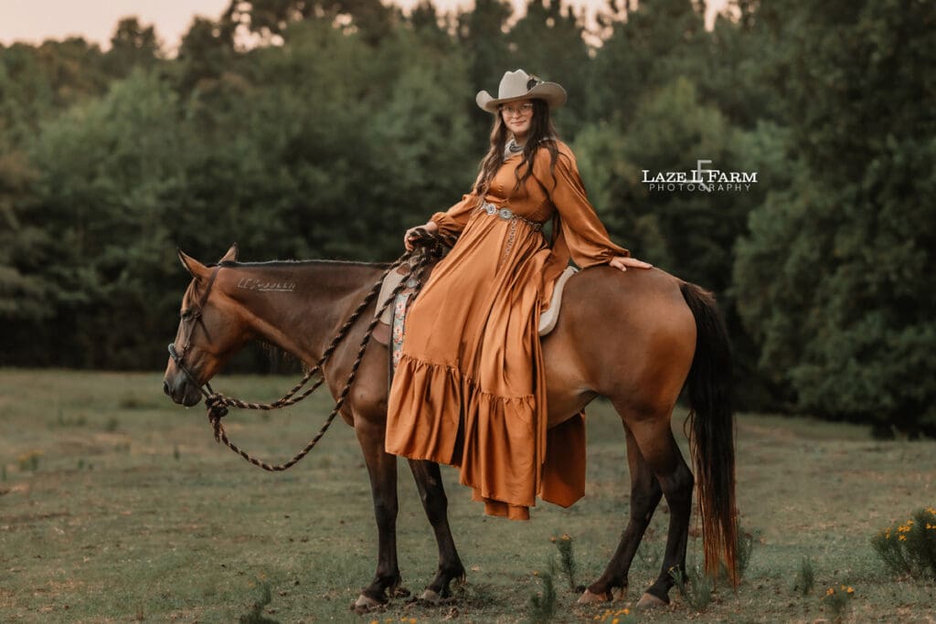 A cowgirl and her horse during an equine photoshoot with Laze L Farm Photography