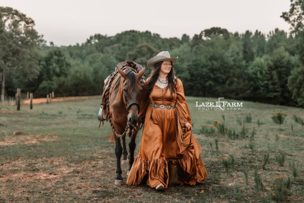 A cowgirl and her horse during an equine photoshoot with Laze L Farm Photography